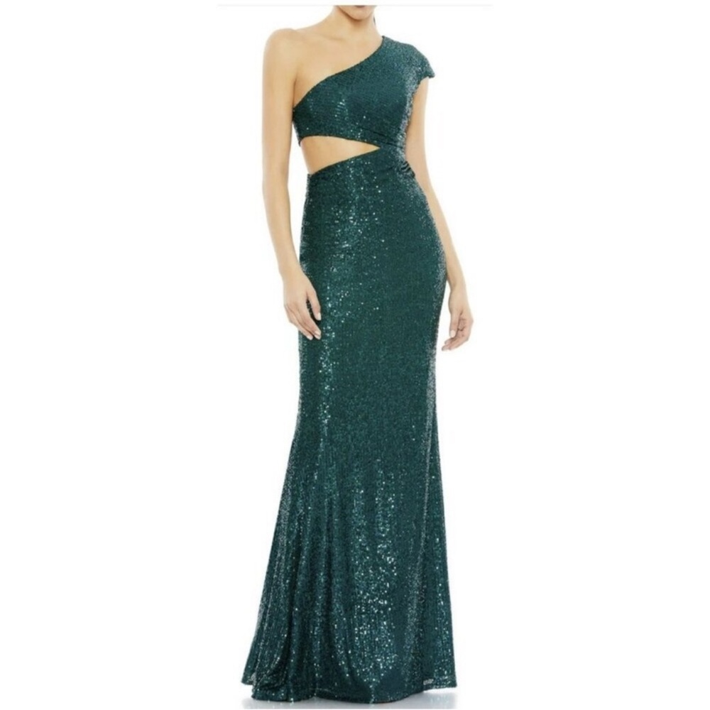 Ieena Mac Duggal 42022 Green Sequined One Shoulder Cut Out Evening Gown Maxi 2